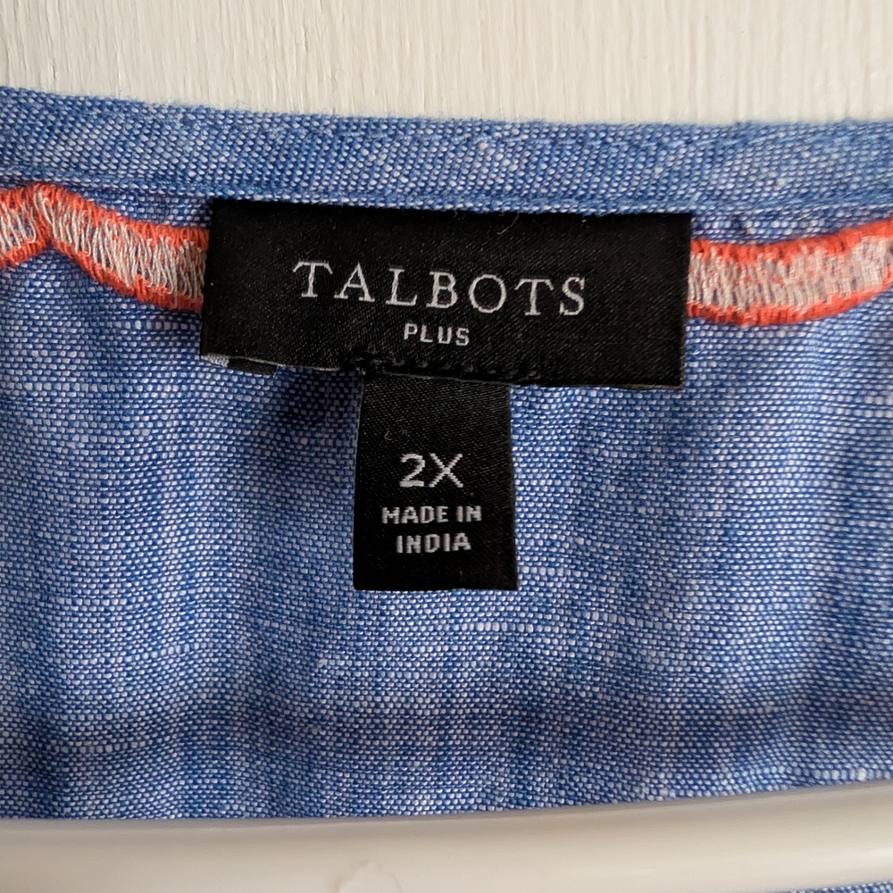 Talbots Blue Chambray Tropical Embroidered Blouse - Picture 5 of 7